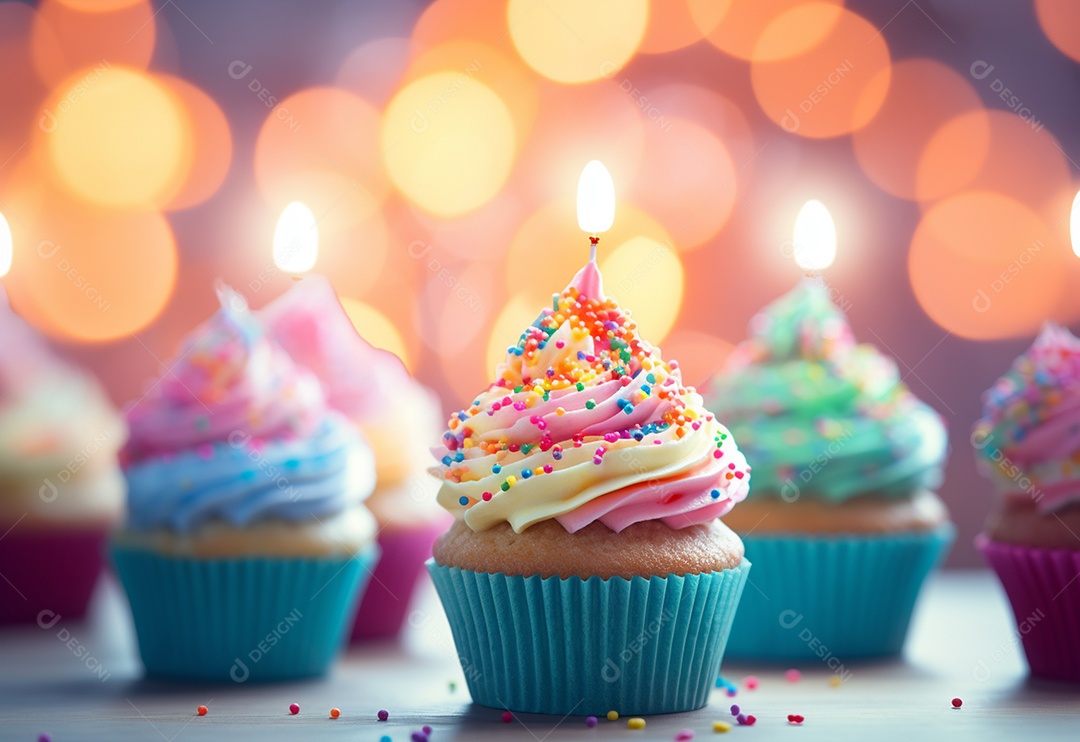 Cupcakes de aniversário foto com desfoque de fundo colorido