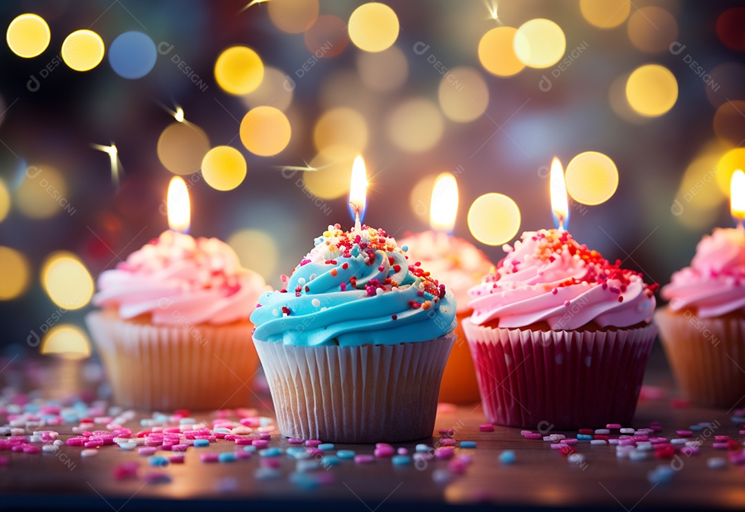 Cupcakes de aniversário foto com desfoque de fundo colorido