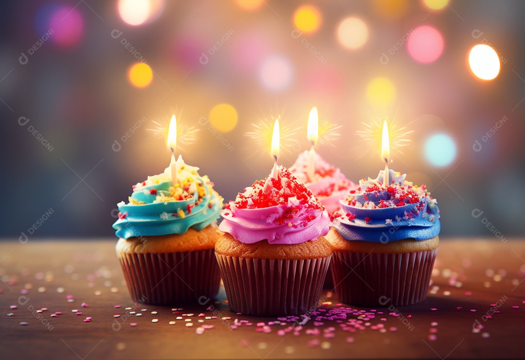 Cupcakes de aniversário foto com desfoque de fundo colorido