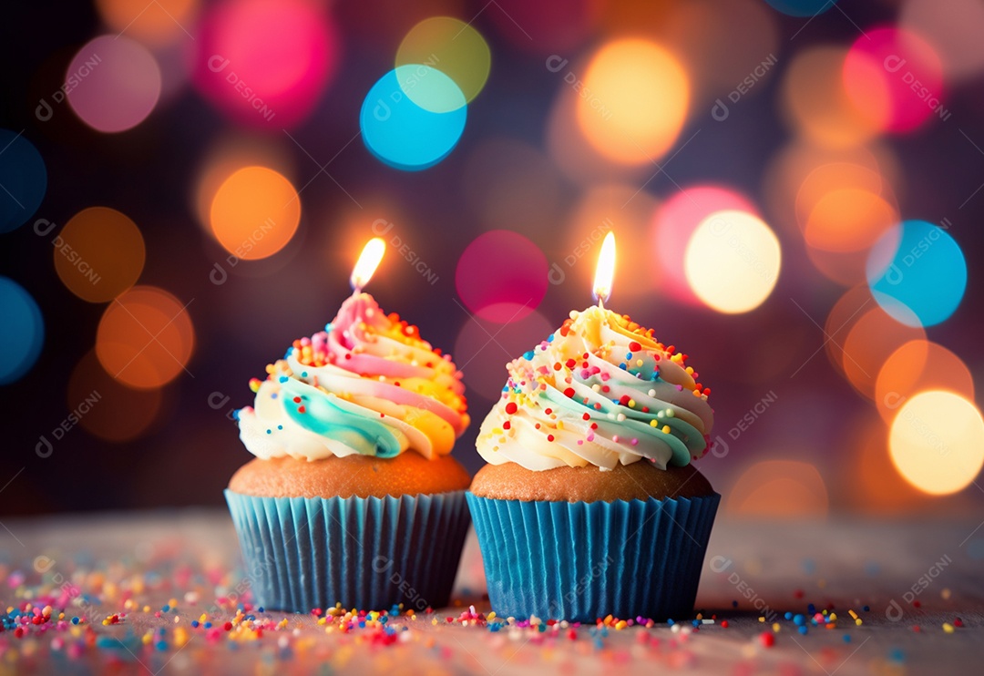 Cupcakes de aniversário foto com desfoque de fundo colorido