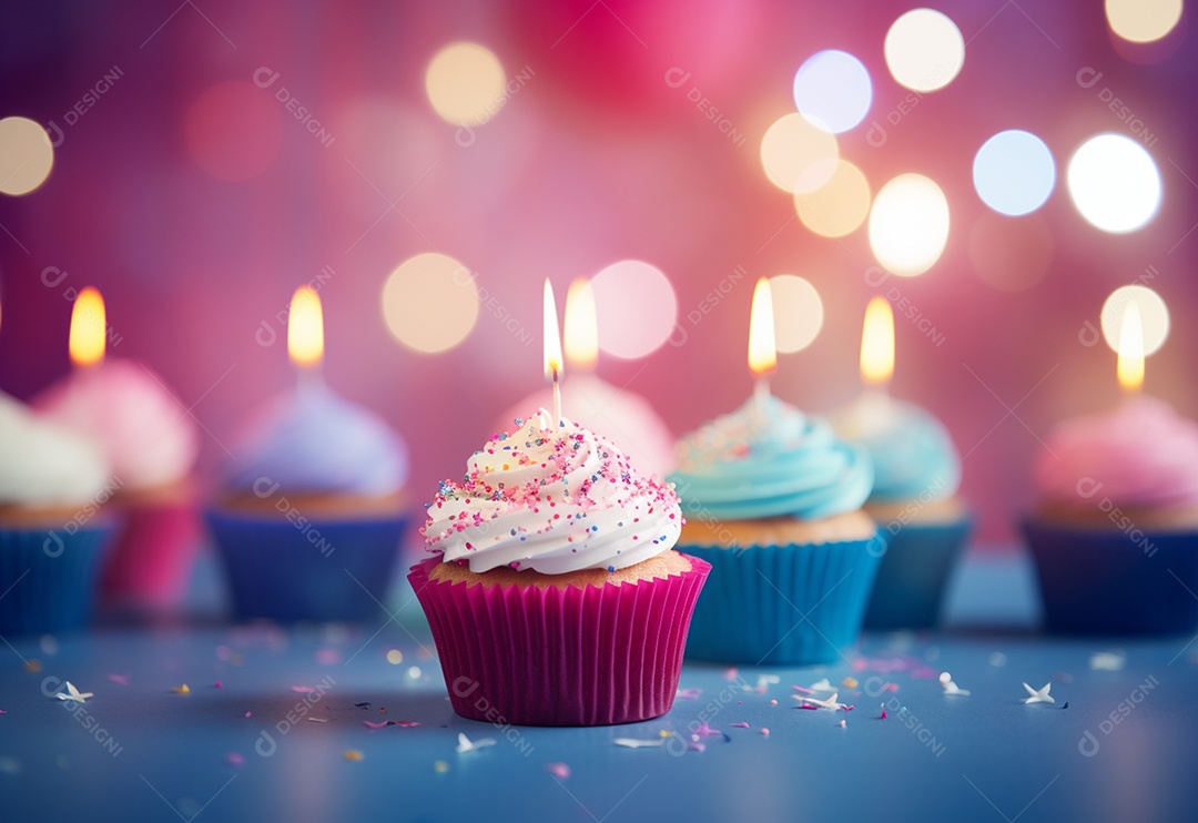 Cupcakes de aniversário foto com desfoque de fundo colorido
