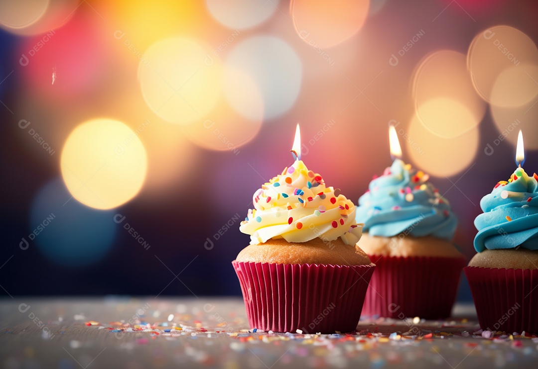 Cupcakes de aniversário foto com desfoque de fundo colorido
