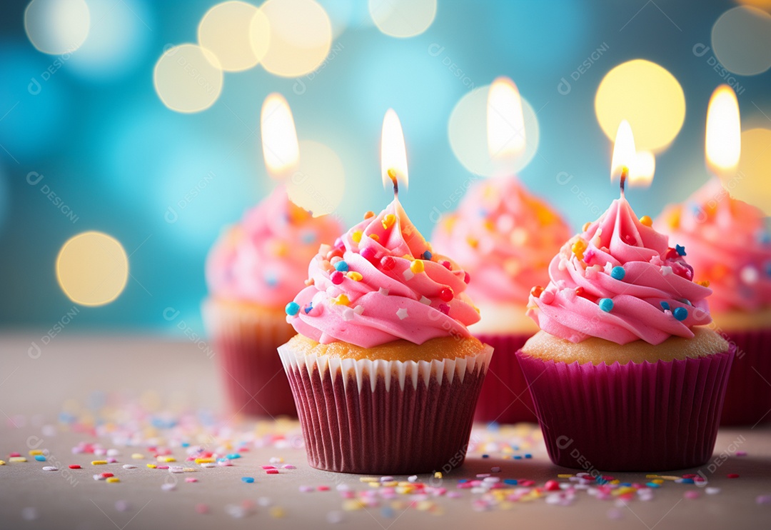 Cupcakes de aniversário foto com desfoque de fundo colorido