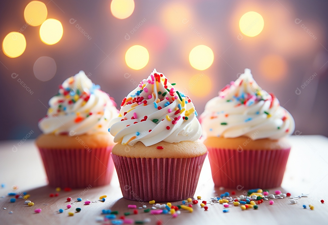 Cupcakes de aniversário foto com desfoque de fundo colorido