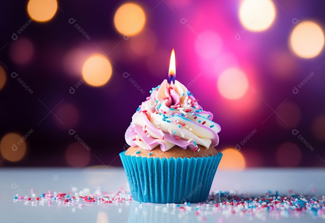 Cupcakes de aniversário foto com desfoque de fundo colorido