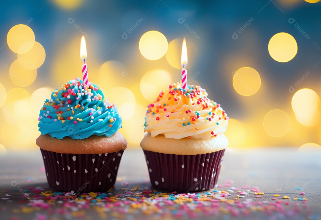 Cupcakes de aniversário foto com desfoque de fundo colorido