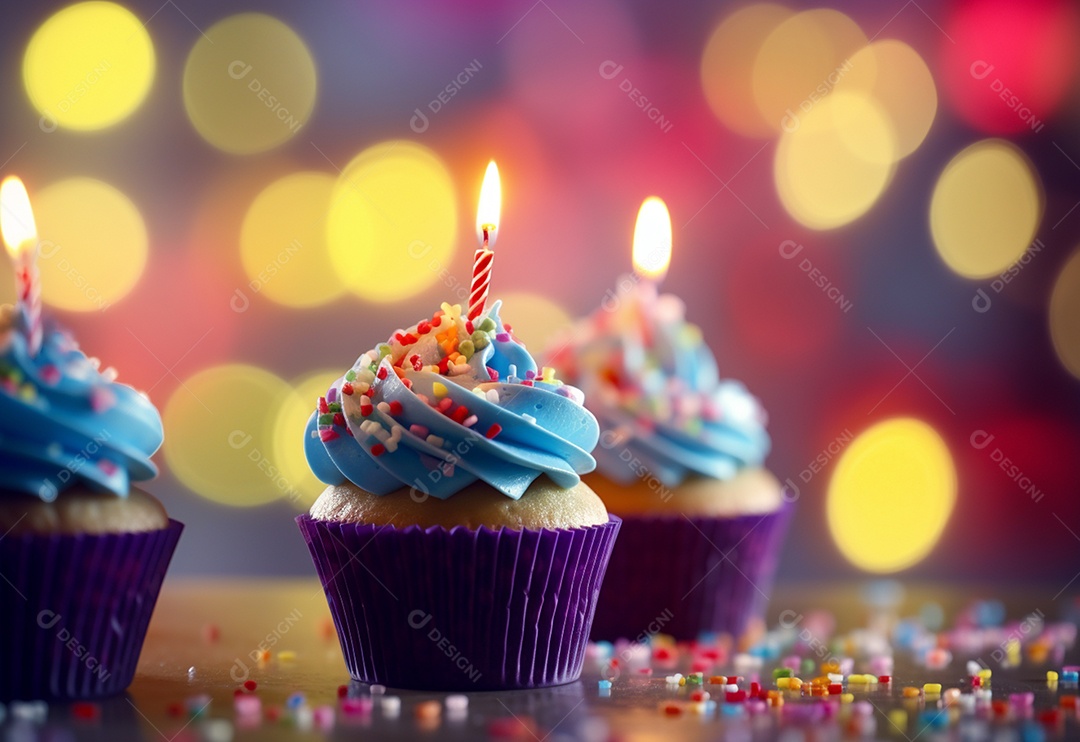 Cupcakes de aniversário foto com desfoque de fundo colorido