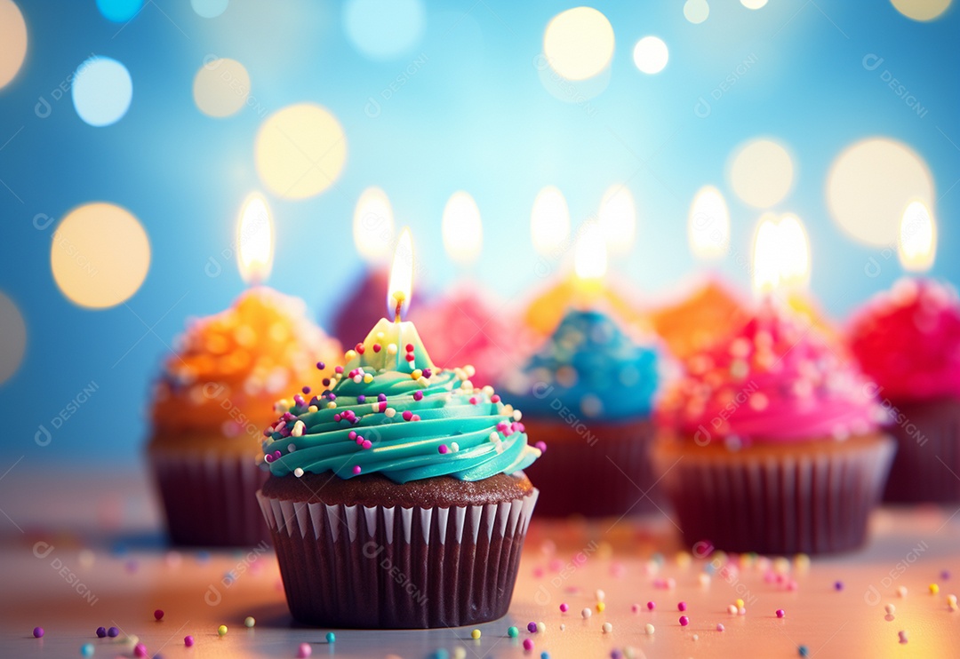 Cupcakes de aniversário foto com desfoque de fundo colorido