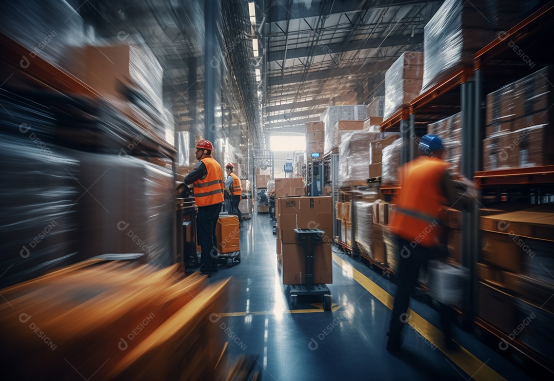 Imagem desfocada da foto dos funcionários do armazém em movimento de ação