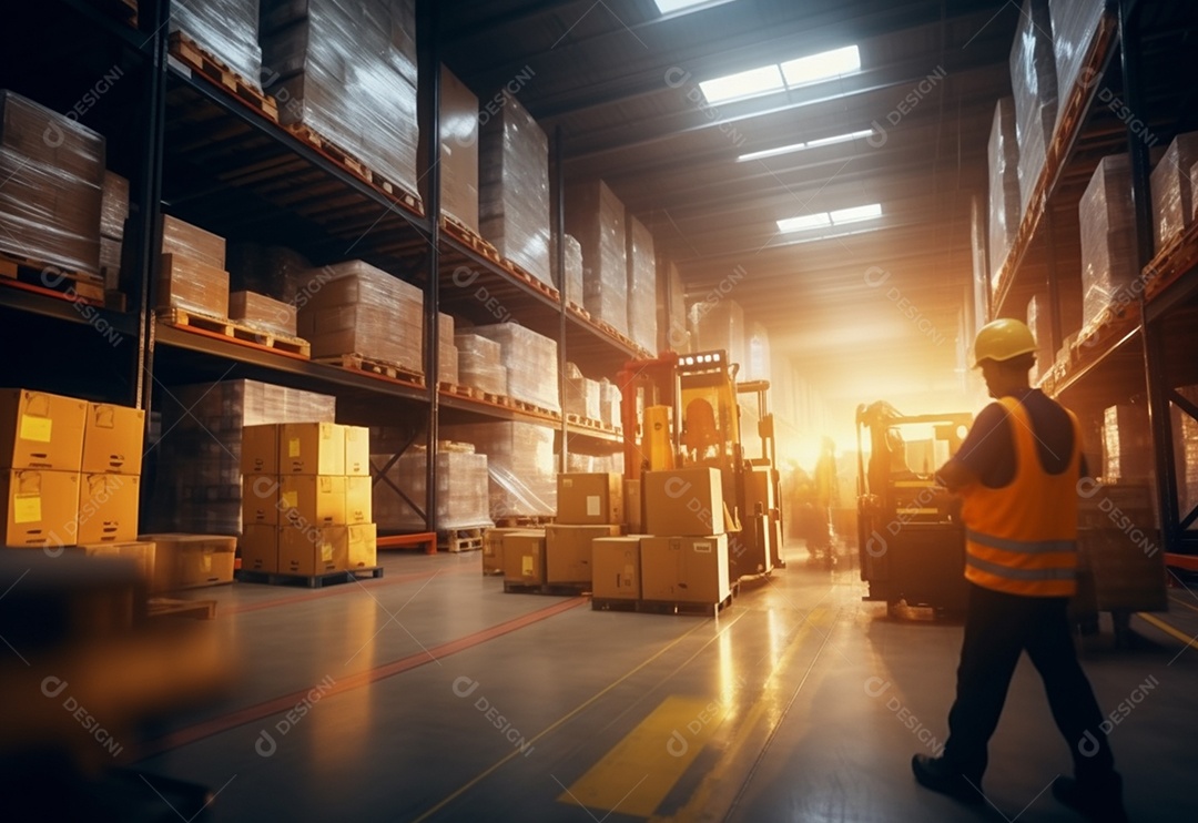 Imagem desfocada da foto dos funcionários do armazém em movimento de ação