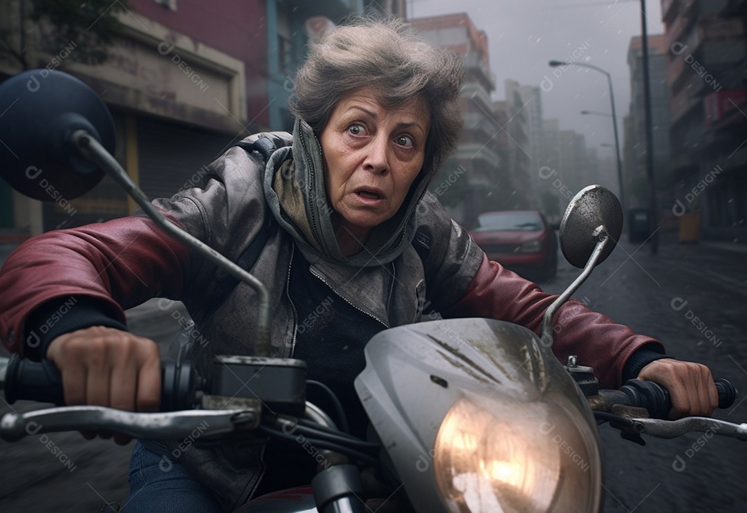 Mulher idosa andando de moto pela cidade