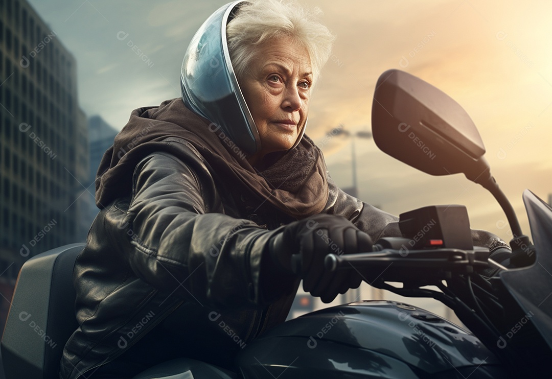 Mulher idosa andando de moto pela cidade
