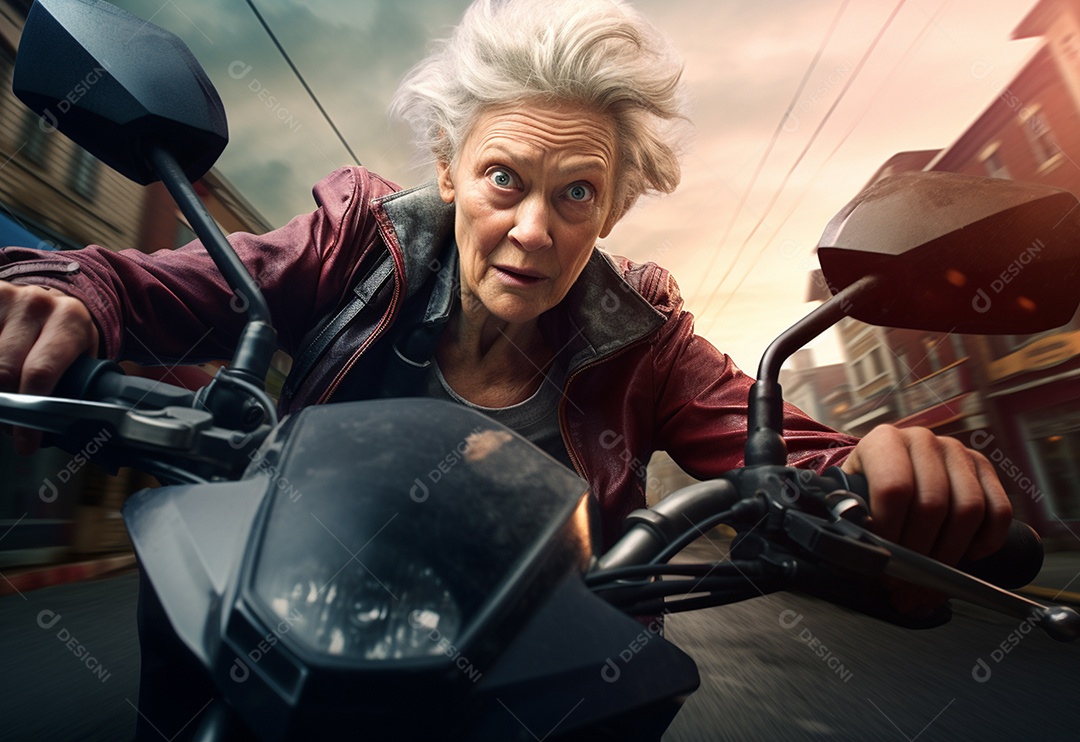 Mulher idosa andando de moto pela cidade