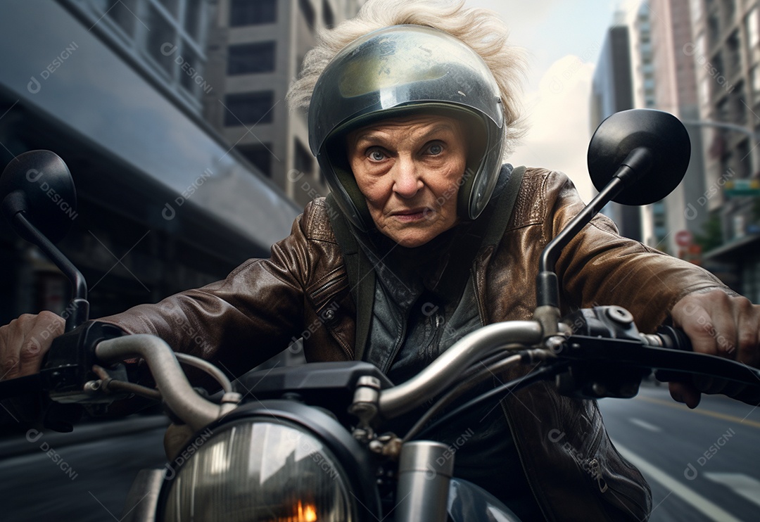 Mulher idosa andando de moto pela cidade