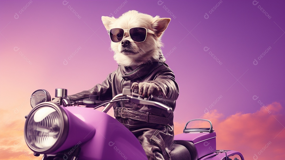 Cachorro andando de motocicleta em fundo lilás