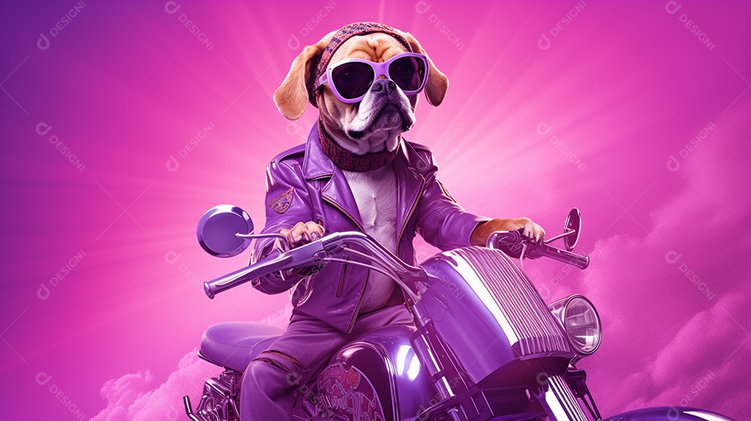 Cachorro andando de motocicleta em fundo lilás