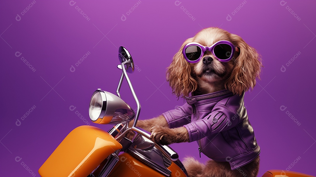 Cachorro andando de motocicleta em fundo lilás