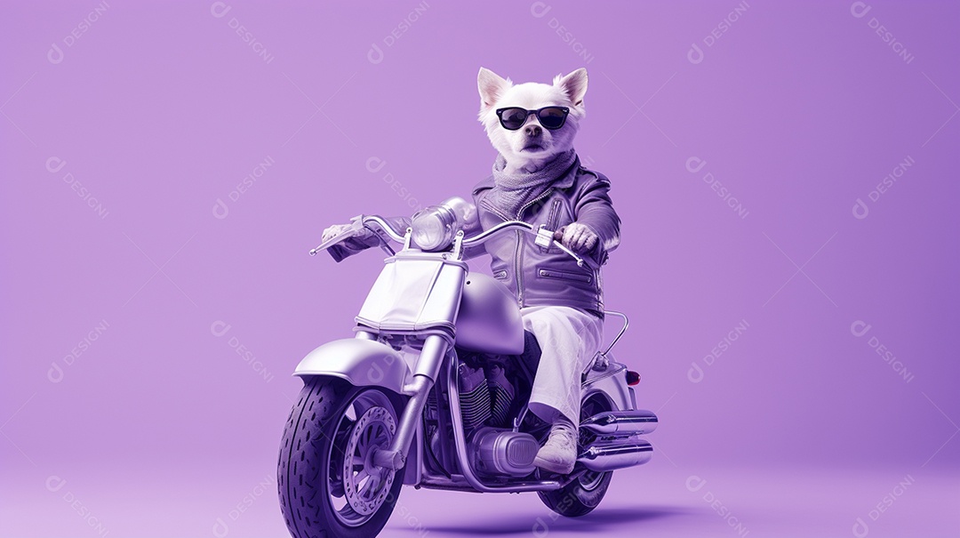 Cachorro andando de motocicleta em fundo lilás