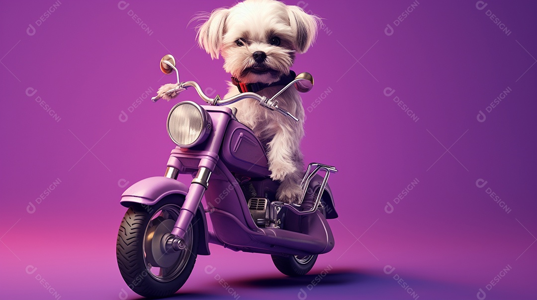 Cachorro andando de motocicleta em fundo lilás