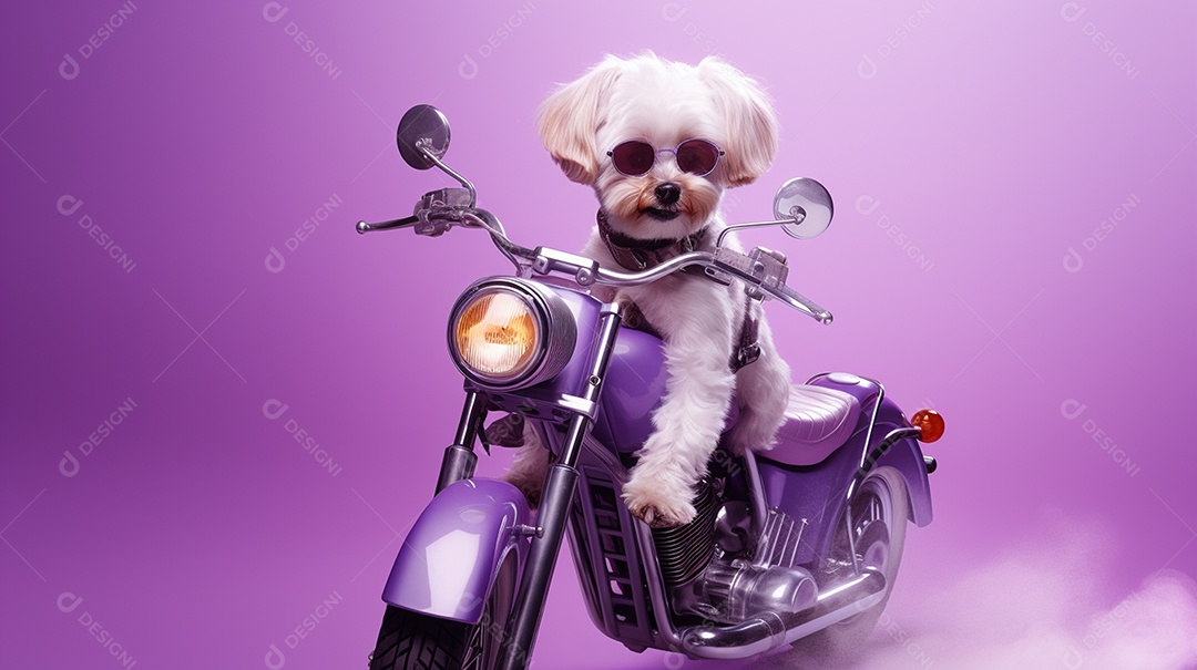Cachorro andando de motocicleta em fundo lilás
