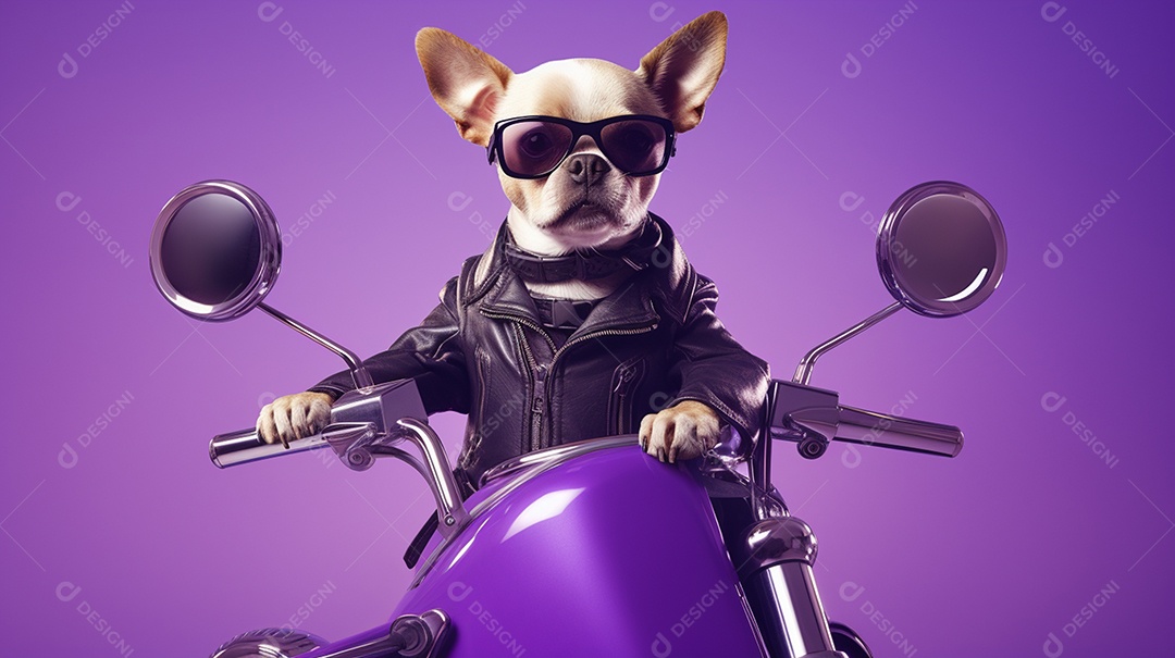 Cachorro andando de motocicleta em fundo lilás