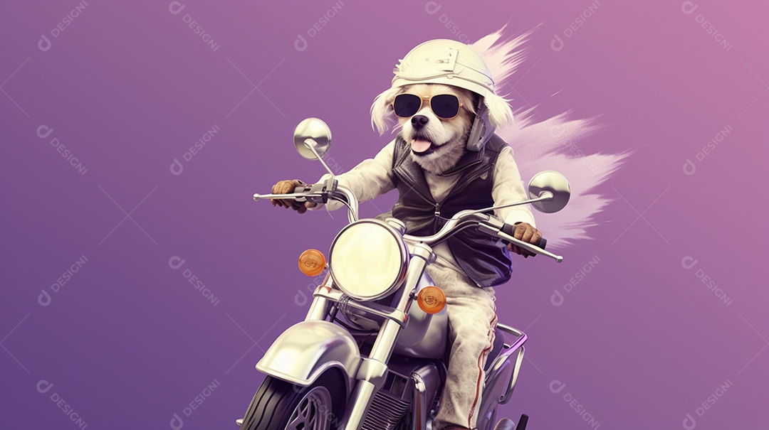 Cachorro andando de motocicleta em fundo lilás