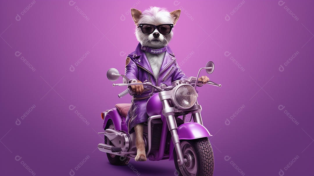 Cachorro andando de motocicleta em fundo lilás