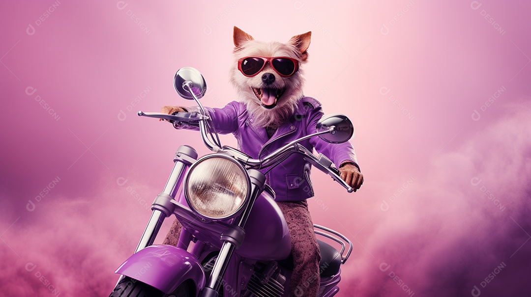 Cachorro andando de motocicleta em fundo lilás