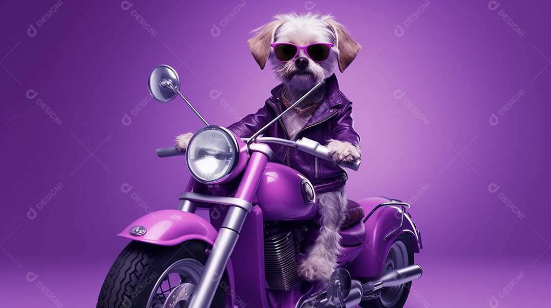 Cachorro andando de motocicleta em fundo lilás