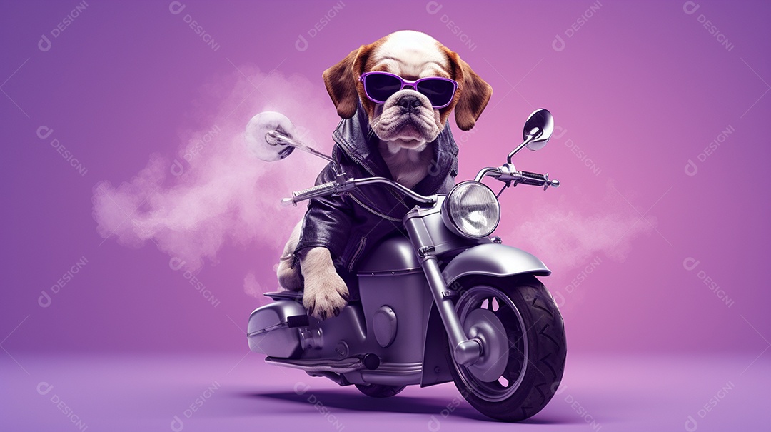 Cachorro andando de motocicleta em fundo lilás