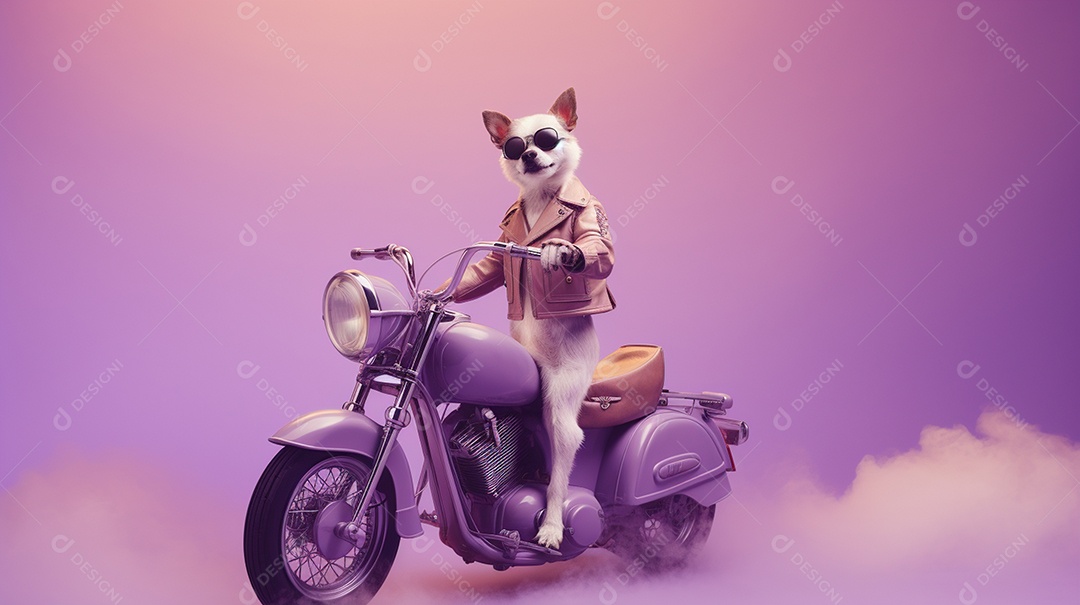 Cachorro andando de motocicleta em fundo lilás