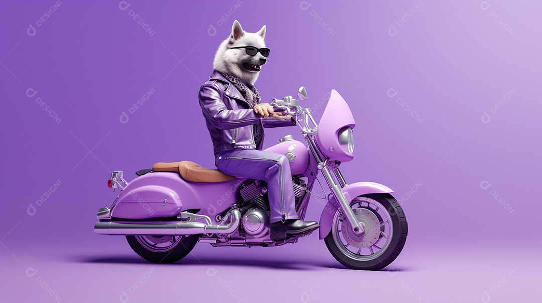 Cachorro andando de motocicleta em fundo lilás