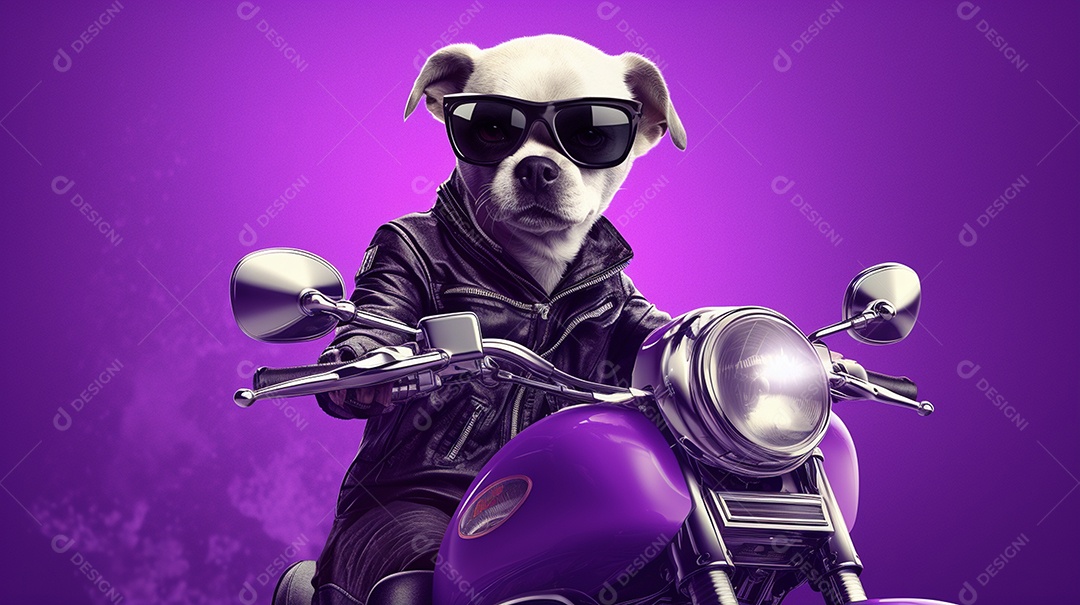 Cachorro andando de motocicleta em fundo lilás