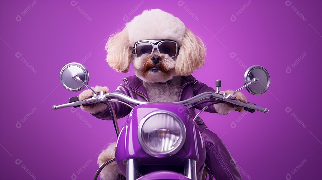 Cachorro andando de moto em fundo lilás
