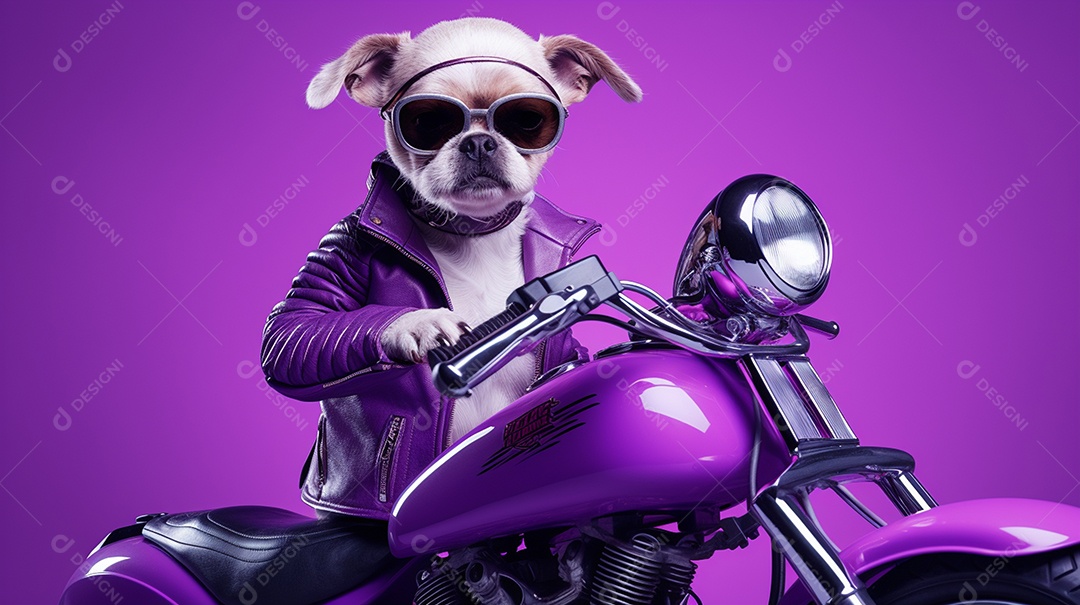 Cachorro andando de moto em fundo lilás