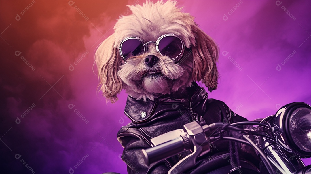 Cachorro andando de moto em fundo lilás