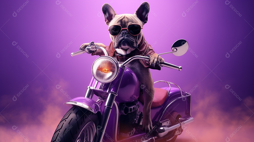 Cachorro andando de moto em fundo lilás