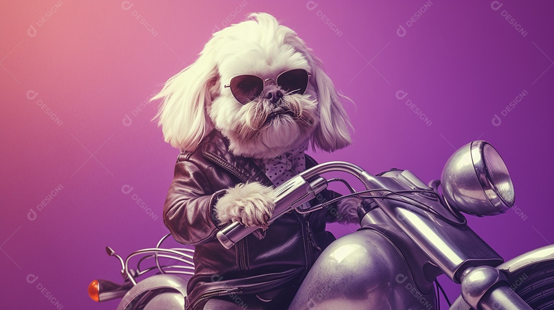 Cachorro andando de moto em fundo lilás