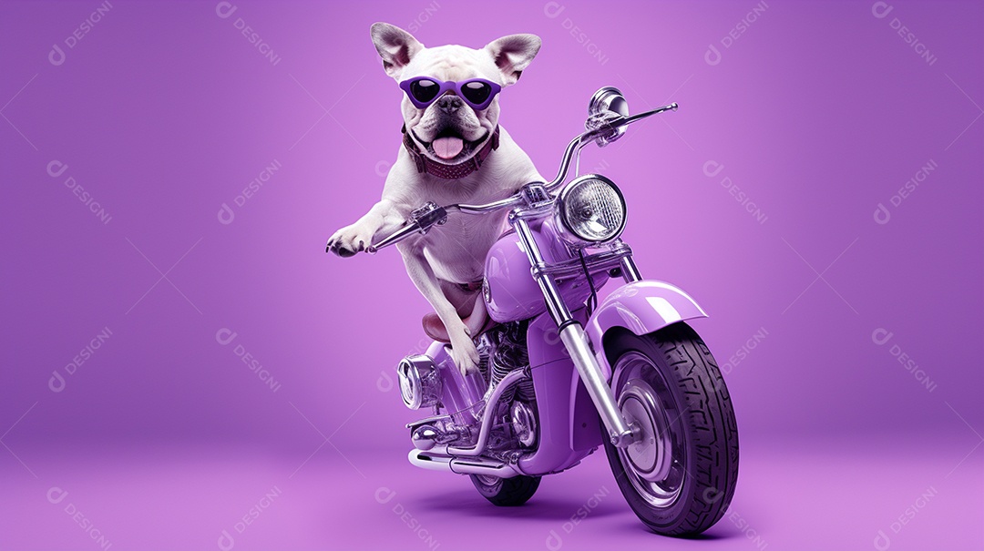Cachorro andando de moto em fundo lilás