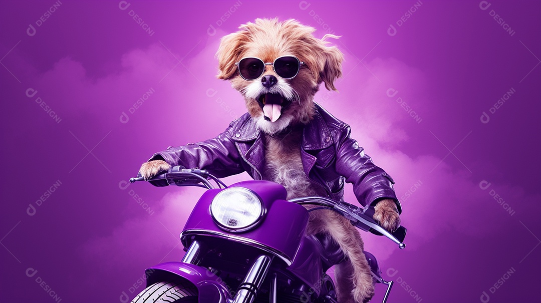 Cachorro andando de moto em fundo lilás