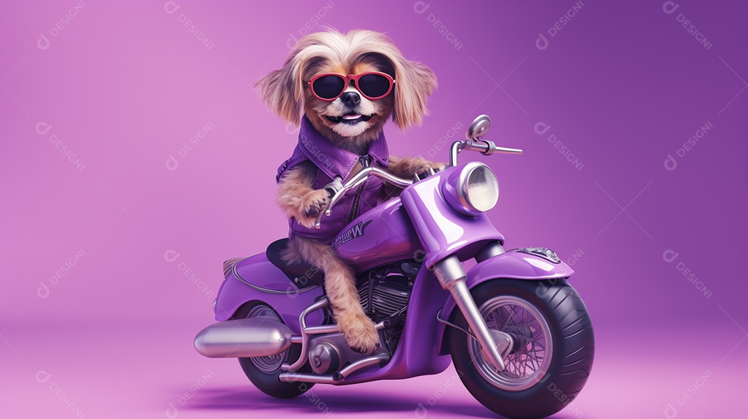 Cachorro andando de moto em fundo lilás