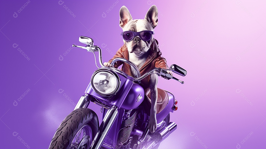 Cachorro andando de moto em fundo lilás