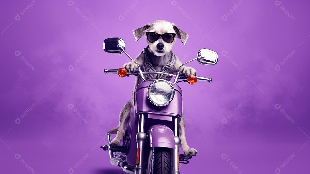 Cachorro andando de moto em fundo lilás