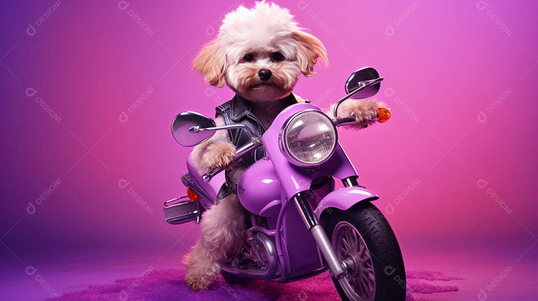 Cachorro andando de moto em fundo lilás