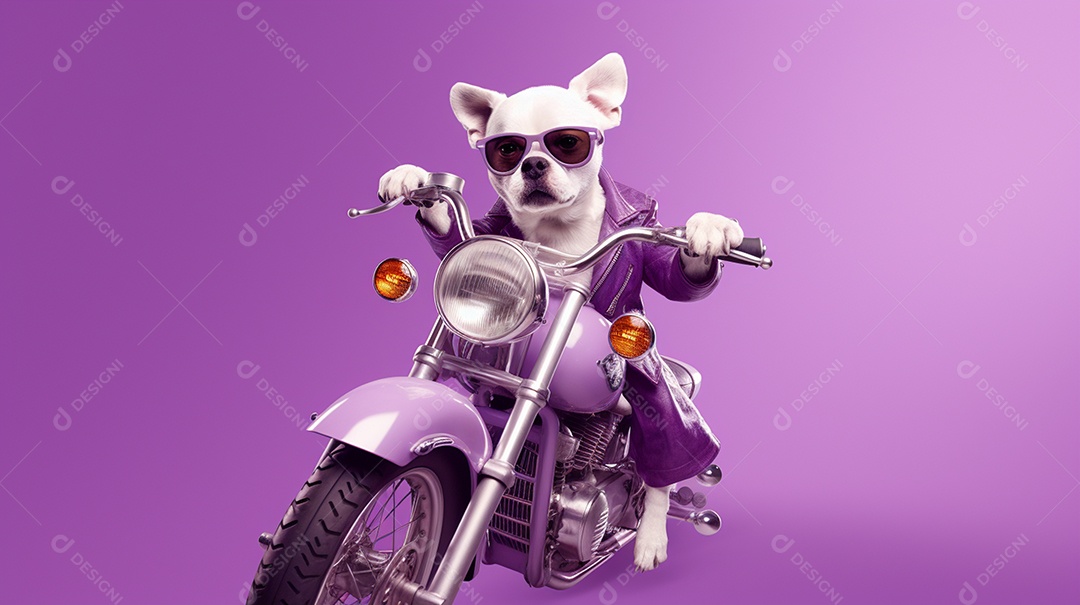 Cachorro andando de moto em fundo lilás