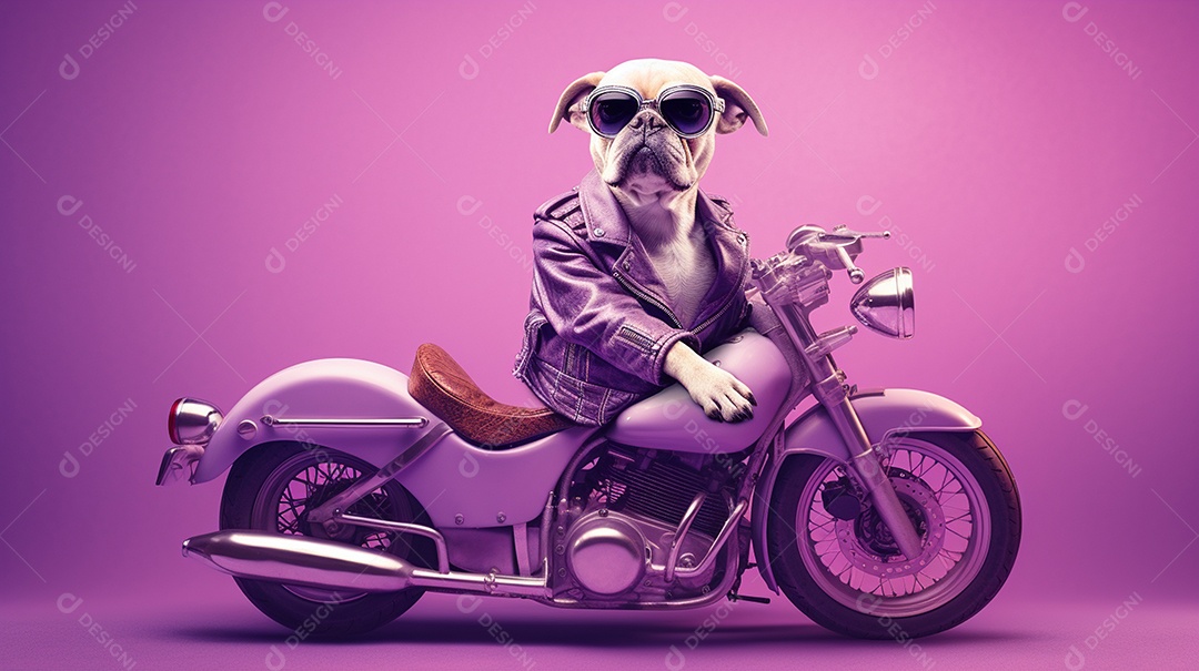 Cachorro andando de moto em fundo lilás