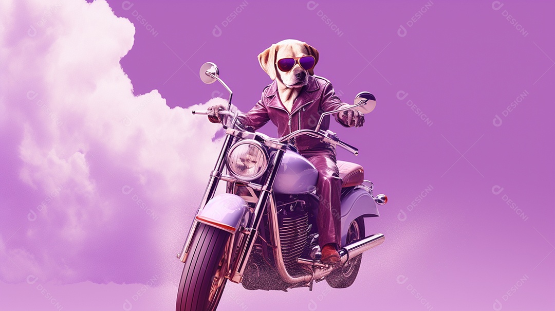 Cachorro andando de moto em fundo lilás