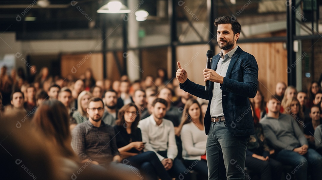 Plano geral de um homem fazendo um discurso no palco durante uma sessão de fotos