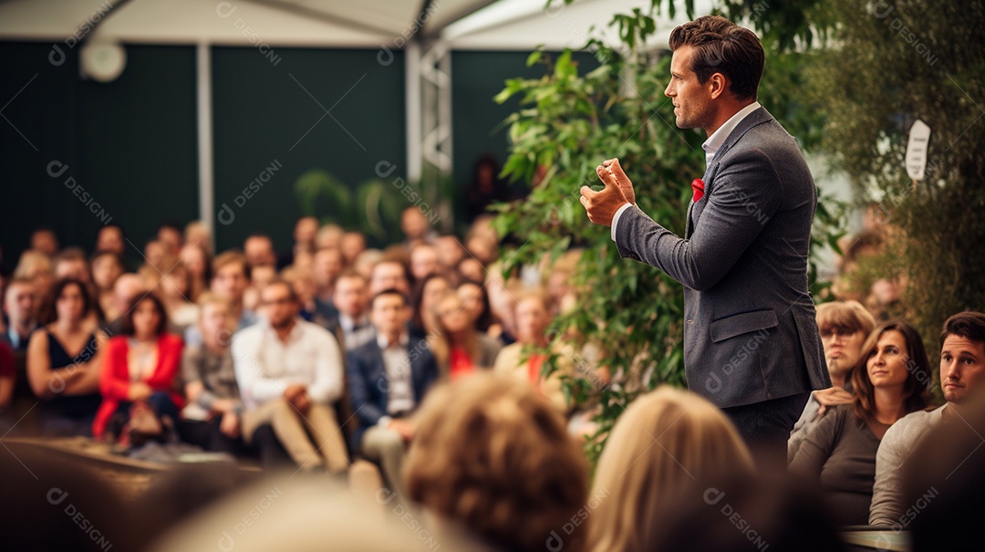 Plano geral de um homem fazendo um discurso no palco durante uma sessão de fotos