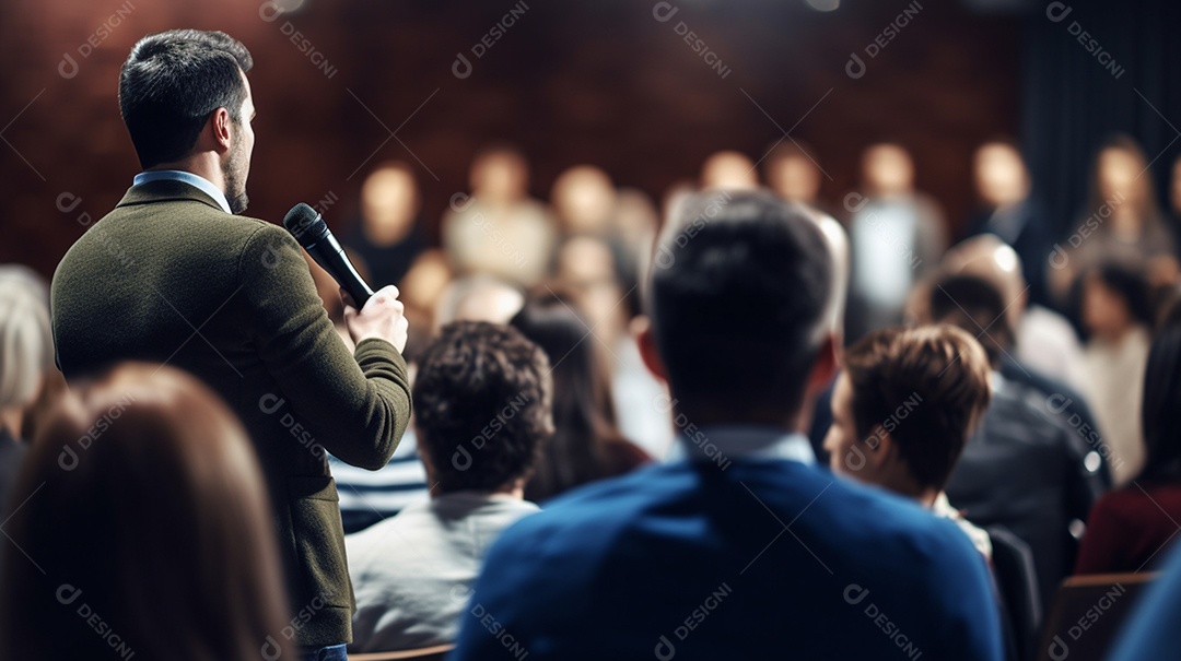 Plano geral de um homem fazendo um discurso no palco durante uma sessão de fotos